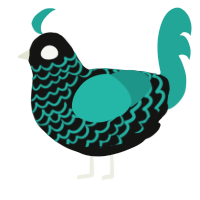 A black and turquoise chicken with a lace pattern