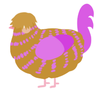 A gold and orchid chicken with a bar pattern
