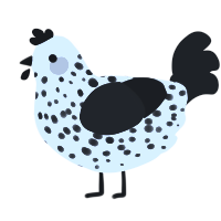 A white and sable chicken with a speckle pattern