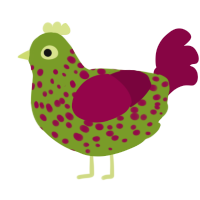 dragonfruit, a chartreuse and maroon chicken with a speckle pattern