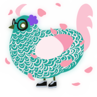 A turquoise and rose chicken with a double-lace pattern