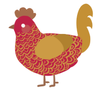 Aie, a crimson and gold chicken with a double-lace pattern