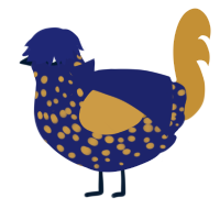 Vladimir, a navy and gold chicken with a speckle pattern