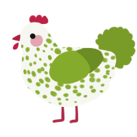 Mrs Daikon, a white and chartreuse chicken with a speckle pattern