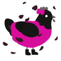 A fuchsia and black chicken with a head pattern
