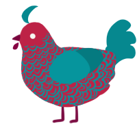 Odysseus, a crimson and teal chicken with a double-lace pattern