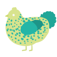 Cabbages, a lemon and turquoise chicken with a speckle pattern