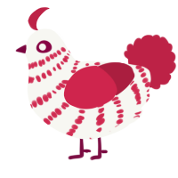 Prudence, a white and crimson chicken with a bar pattern