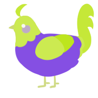 Isimo, a blurple and lime chicken with a head pattern