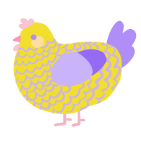 Yarn Ball, a yellow and lilac chicken with a lace pattern