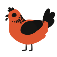 A vermilion and black chicken with a neck-speckle pattern