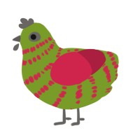 red kiwifruit, a chartreuse and crimson chicken with a bar pattern