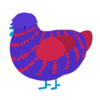 A indigo and crimson chicken with a bar pattern
