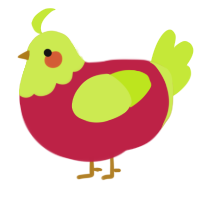 sliced apples, a crimson and lime chicken with a head pattern