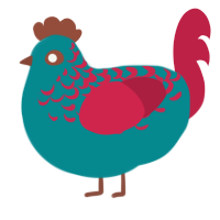 A teal and crimson chicken with a half-lace pattern