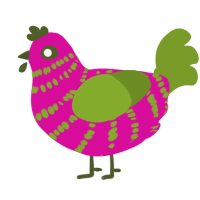 A fuchsia and chartreuse chicken with a bar pattern
