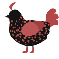 A black and red chicken with a speckle pattern