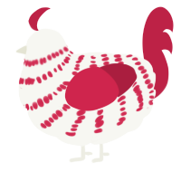 Unhelpful CandyCane, a white and crimson chicken with a bar pattern