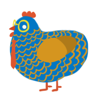 A sapphire and ochre chicken with a lace pattern