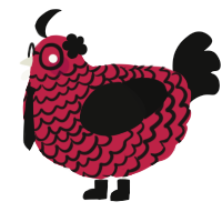 wavi, a crimson and black chicken with a lace pattern