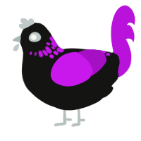A black and amethyst chicken with a neck-speckle pattern