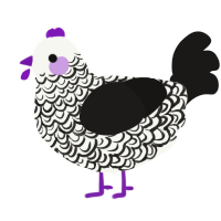 Eepies, a white and sable chicken with a double-lace pattern