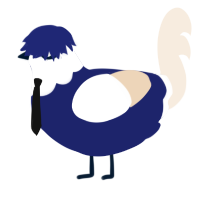 He wears a tiny suit, a navy and cream chicken with a head pattern