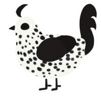 A white and sable chicken with a speckle pattern