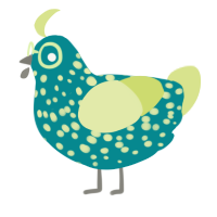 A teal and lemon chicken with a speckle pattern