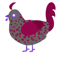 gloom, a grey and maroon chicken with a speckle pattern