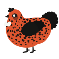 Jack, a vermilion and black chicken with a speckle pattern