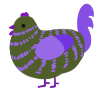 rotten pie, a olive and blurple chicken with a bar pattern