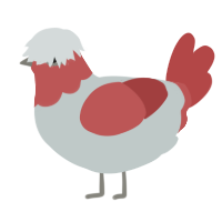 A silver and red chicken with a head pattern