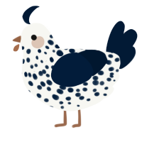 A white and tumblr chicken with a speckle pattern