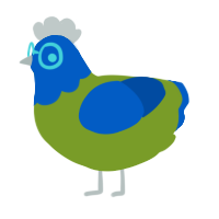 Bliss, a chartreuse and ultramarine chicken with a head pattern