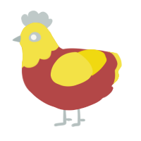 french fry, a red and yellow chicken with a head pattern