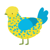 A yellow and cerulean chicken with a speckle pattern