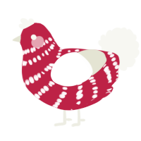 A crimson and white chicken with a bar pattern