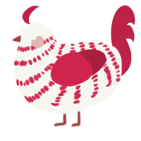Pippi, a white and crimson chicken with a bar pattern