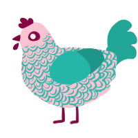 A rose and turquoise chicken with a double-lace pattern