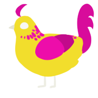 A yellow and fuchsia chicken with a neck-speckle pattern