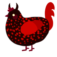 A black and crimson chicken with a speckle pattern