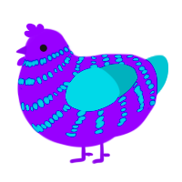 RUBBERDUCKDIMENSION, a violet and teal chicken with a bar pattern