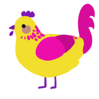 A yellow and fuchsia chicken with a neck-speckle pattern