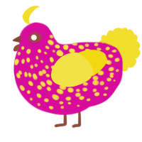 A fuchsia and yellow chicken with a speckle pattern