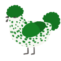 overgrown moss, a white and leaf chicken with a speckle pattern