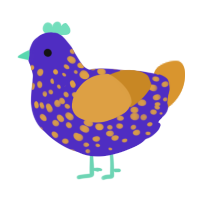 A indigo and orange chicken with a speckle pattern