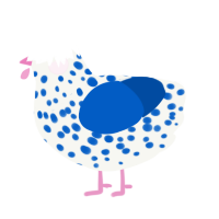 A white and ultramarine chicken with a speckle pattern