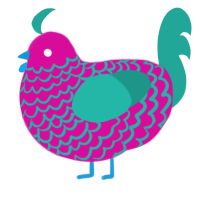 A fuchsia and turquoise chicken with a lace pattern