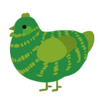 Verde, a viridian and chartreuse chicken with a bar pattern
